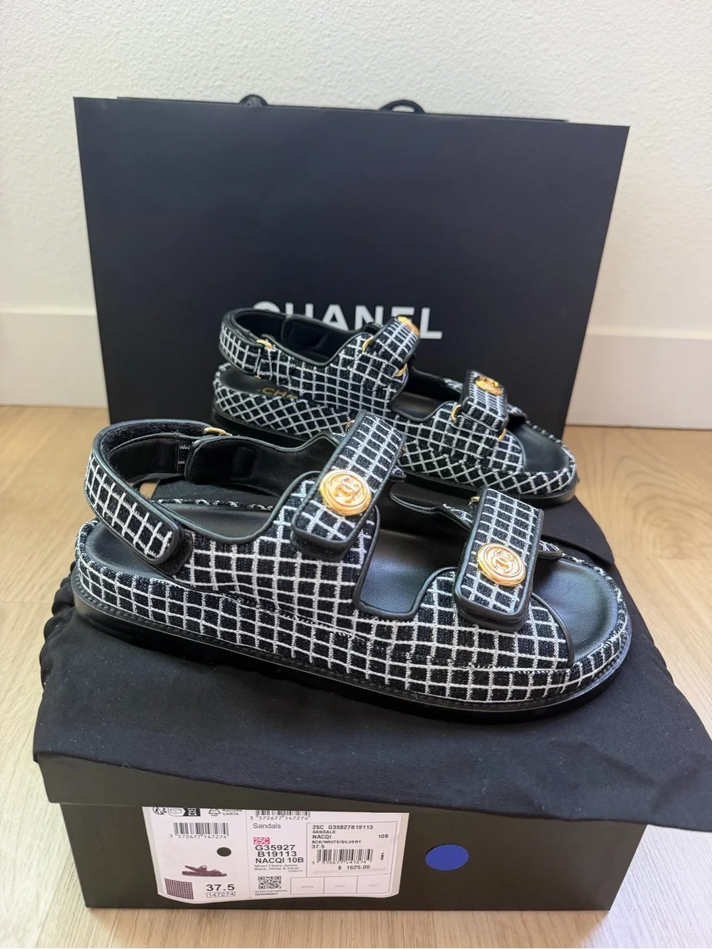 CHANEL Black White Tweed Double-Strap Sandals with Gold CC Buttons